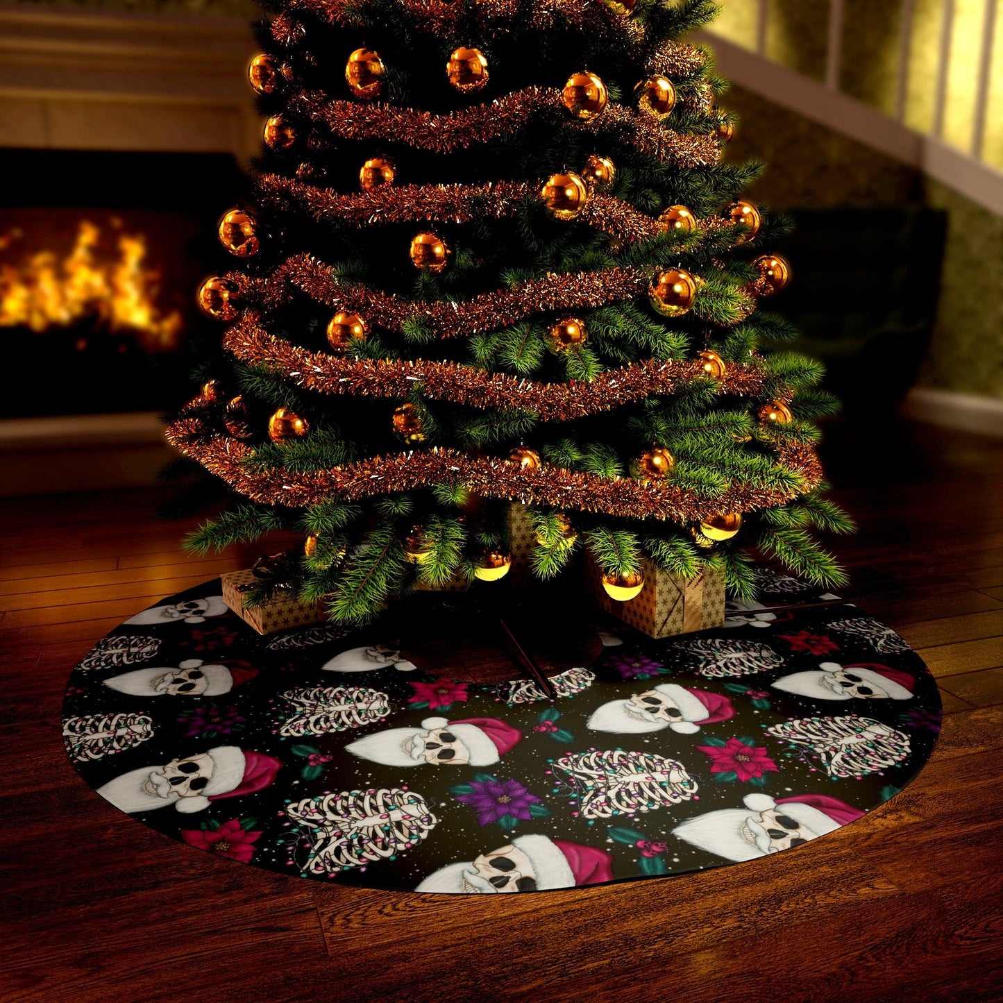 Goth Christmas, Santa Skull, Scary Creepy Christmas Black Tree Skirt | lovevisionkarma.com