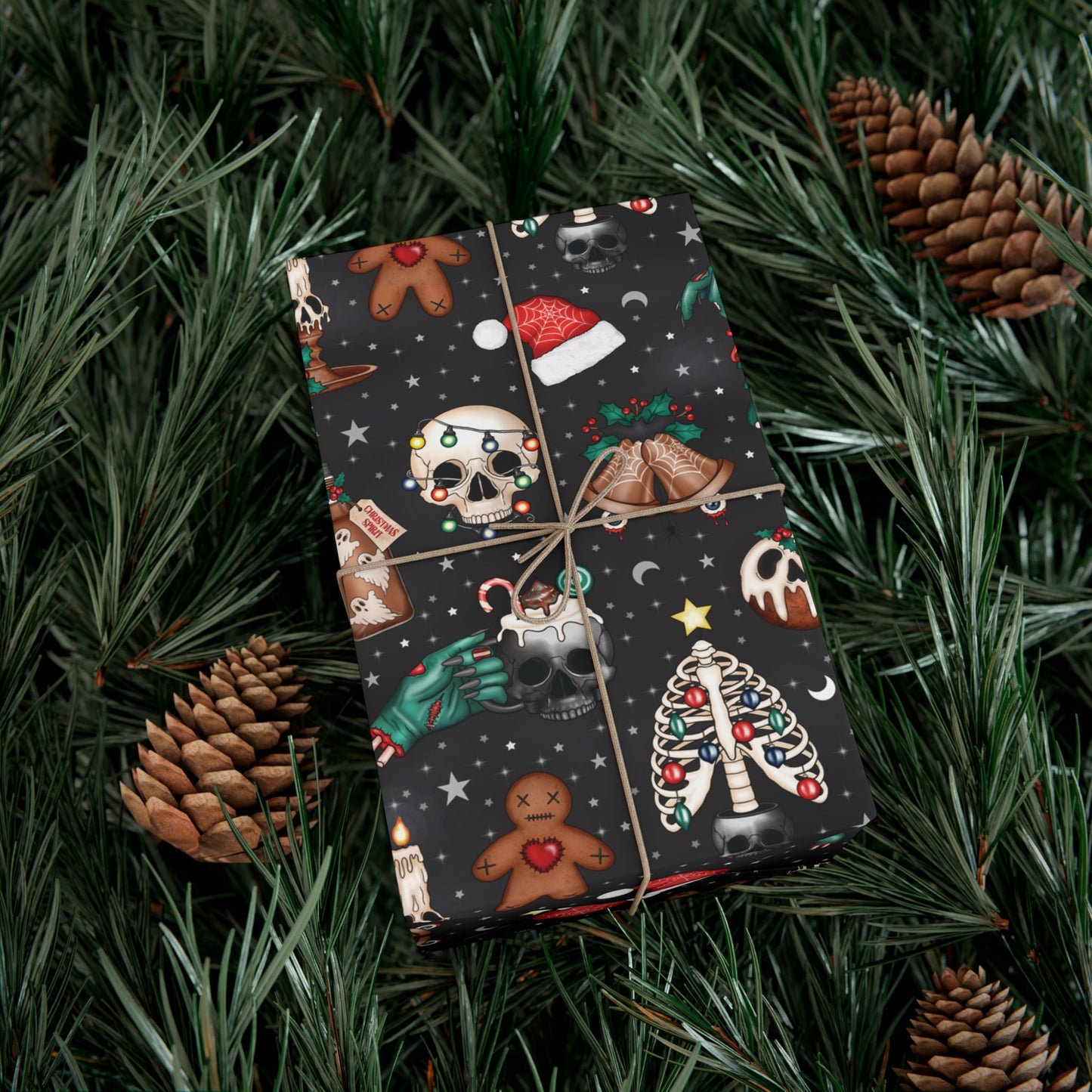 Kitschy Kawaii Goth Christmas, Creepy Cute Whimsigoth Creepmas Black Eco-Friendly Gift Wrap Paper