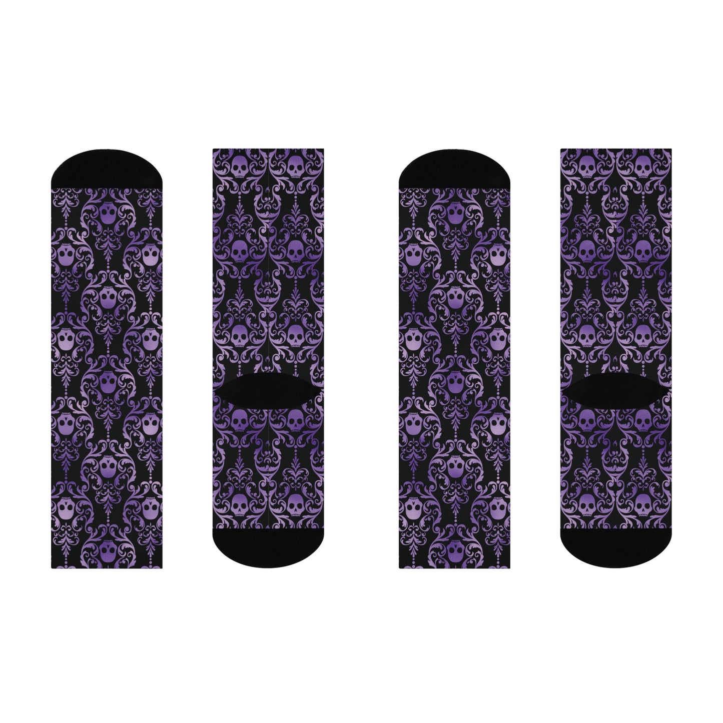 Dark Academia Damask Skull, Victorian Goth Inspired Purple & Black Glam Goth Cushioned Crew Socks