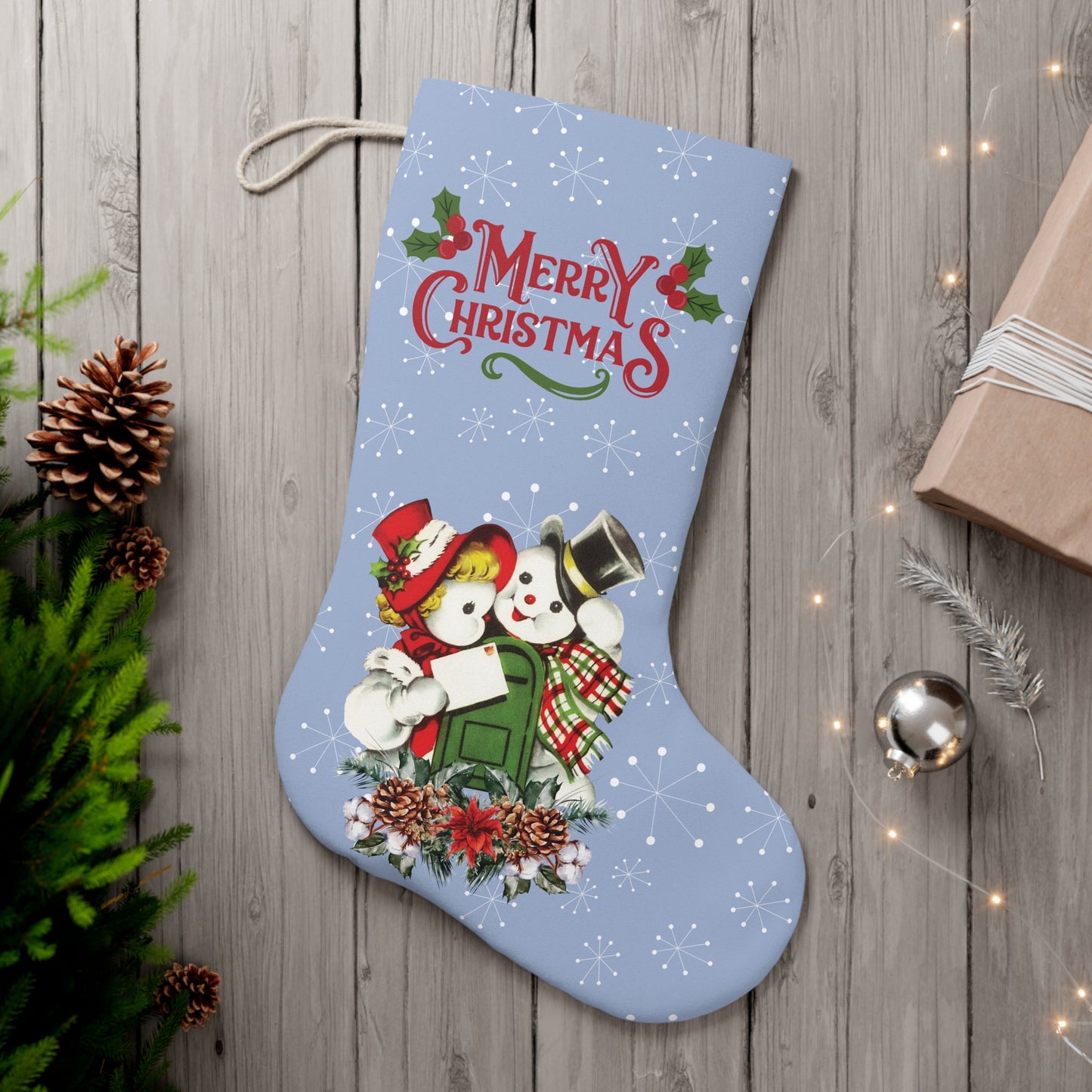 Retro 50's Vintage Snowman Couple, Atomic Burst MCM Blue Christmas Stocking