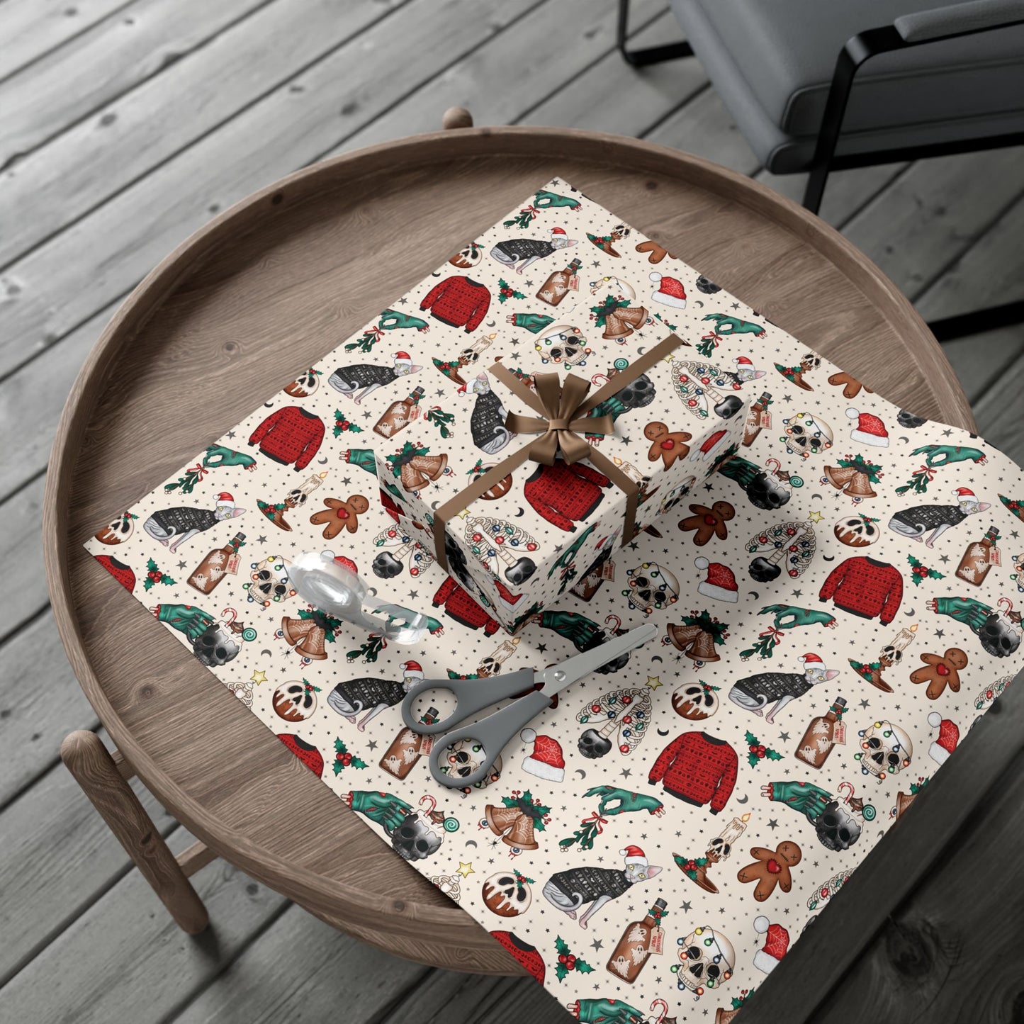 Goth Christmas Kitsch Skulls, Cats & Zombie Hands Multicolor Eco-Friendly Gift Wrap Paper