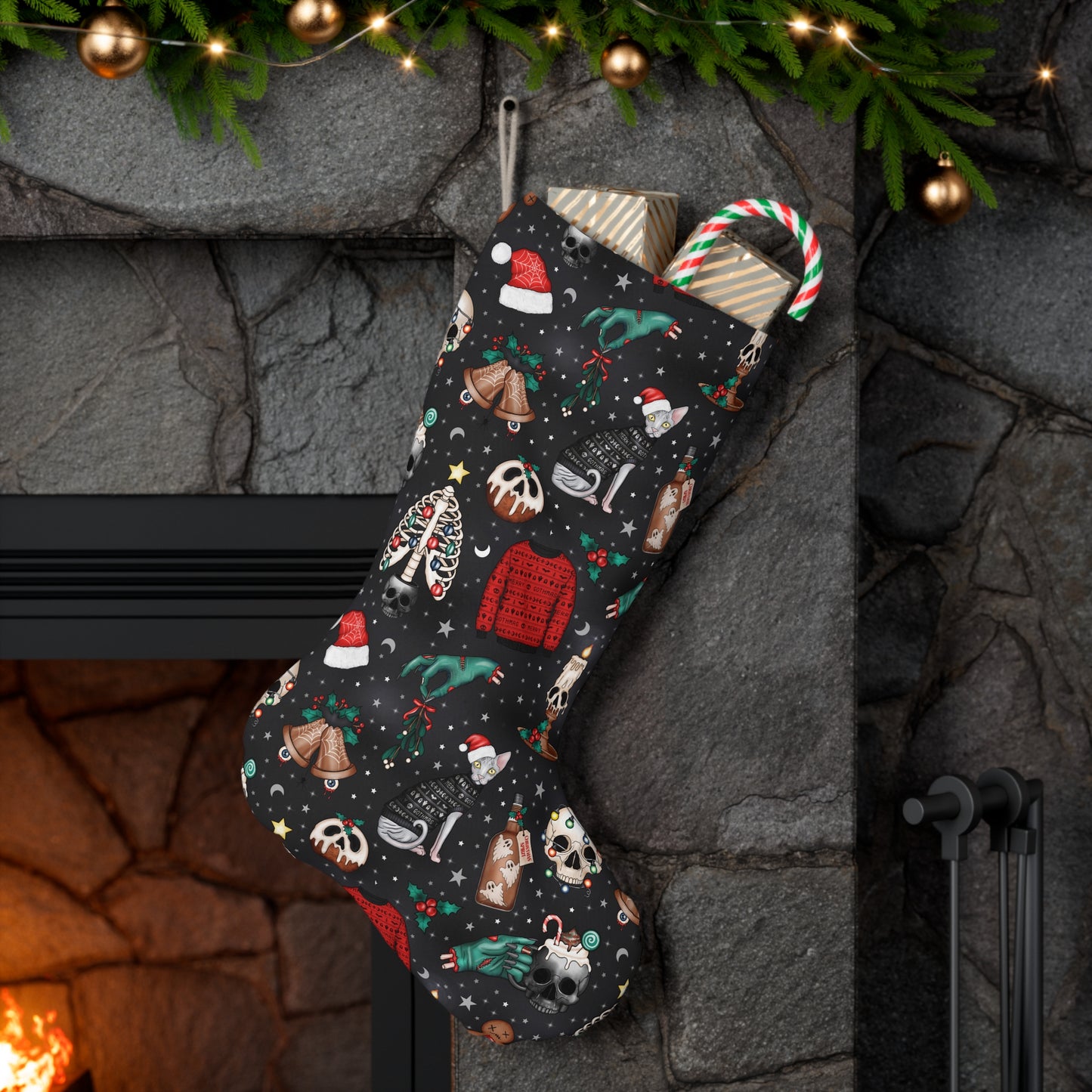 Kitschy Kawaii Goth Christmas, Creepy Cute Whimsigoth Black Creepmas Holiday Stocking