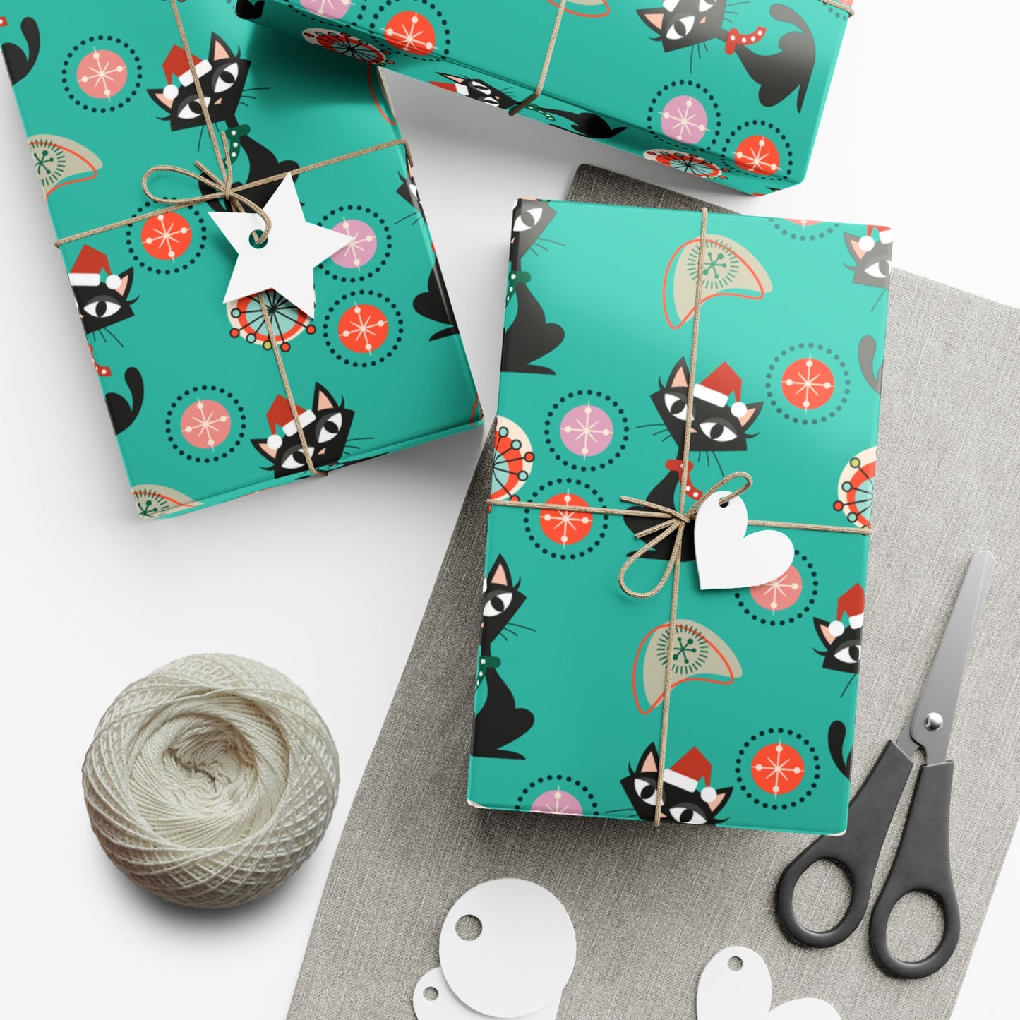 Retro 50's Atomic Cat Christmas Kitschy Mid Century Modern Teal Blue Eco-Friendly Wrapping Paper