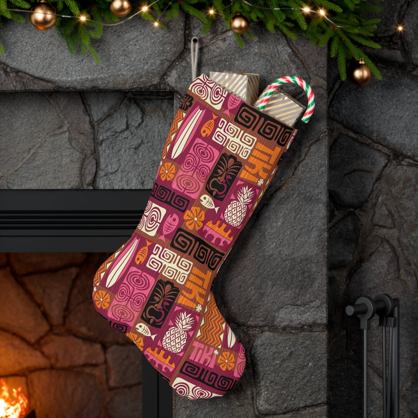 Retro Tiki Christmas 60s Vibes Mid Century Modern Brown, Orange, Pink Holiday Stocking