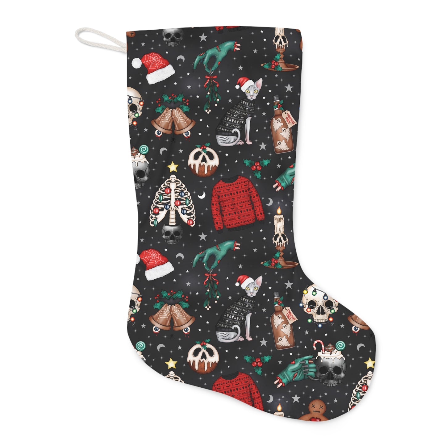 Kitschy Kawaii Goth Christmas, Creepy Cute Whimsigoth Black Creepmas Holiday Stocking