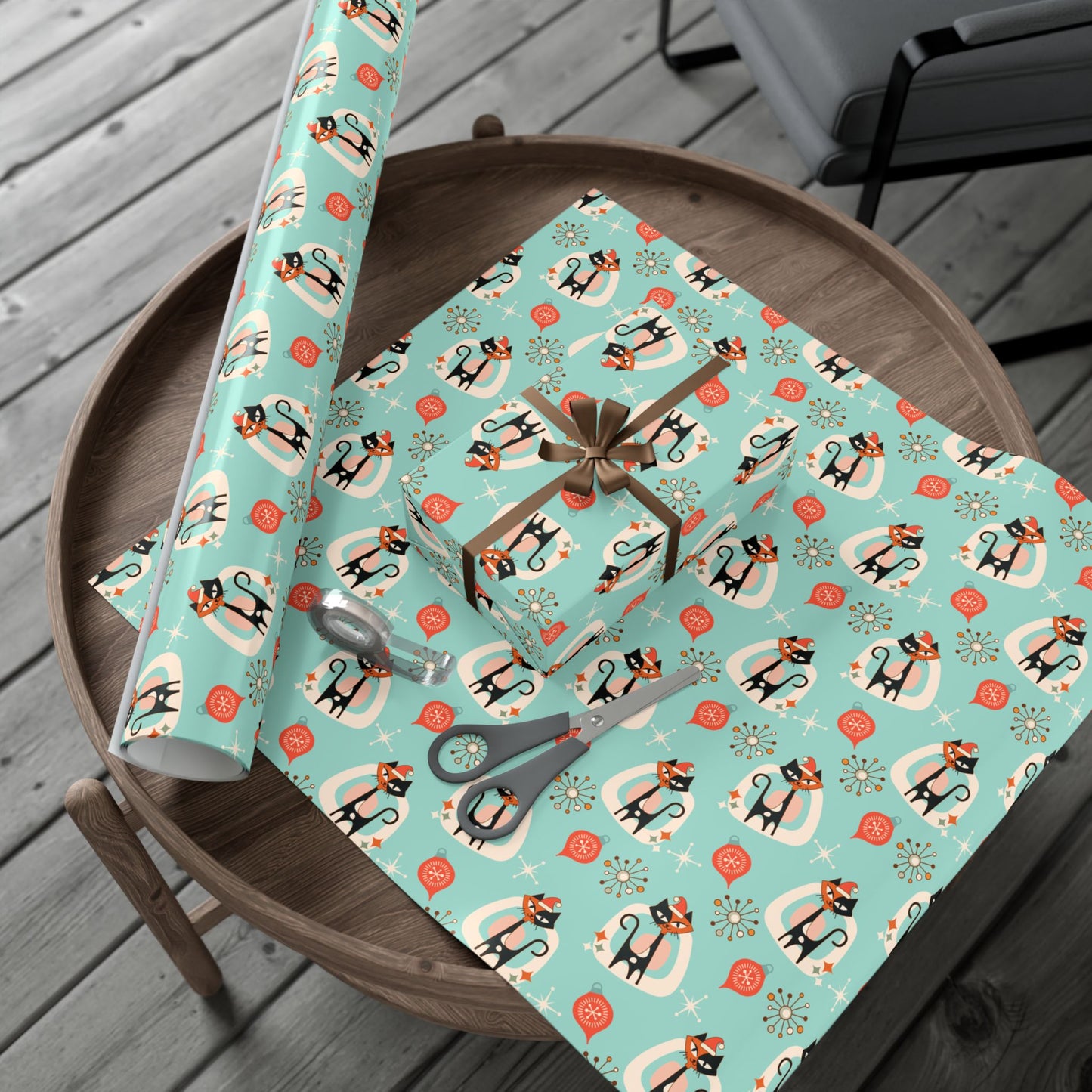 Retro 50's Atomic Cat & Starbursts Kitschy Christmas Mid Century Modern Blue Eco-Friendly Wrapping Paper