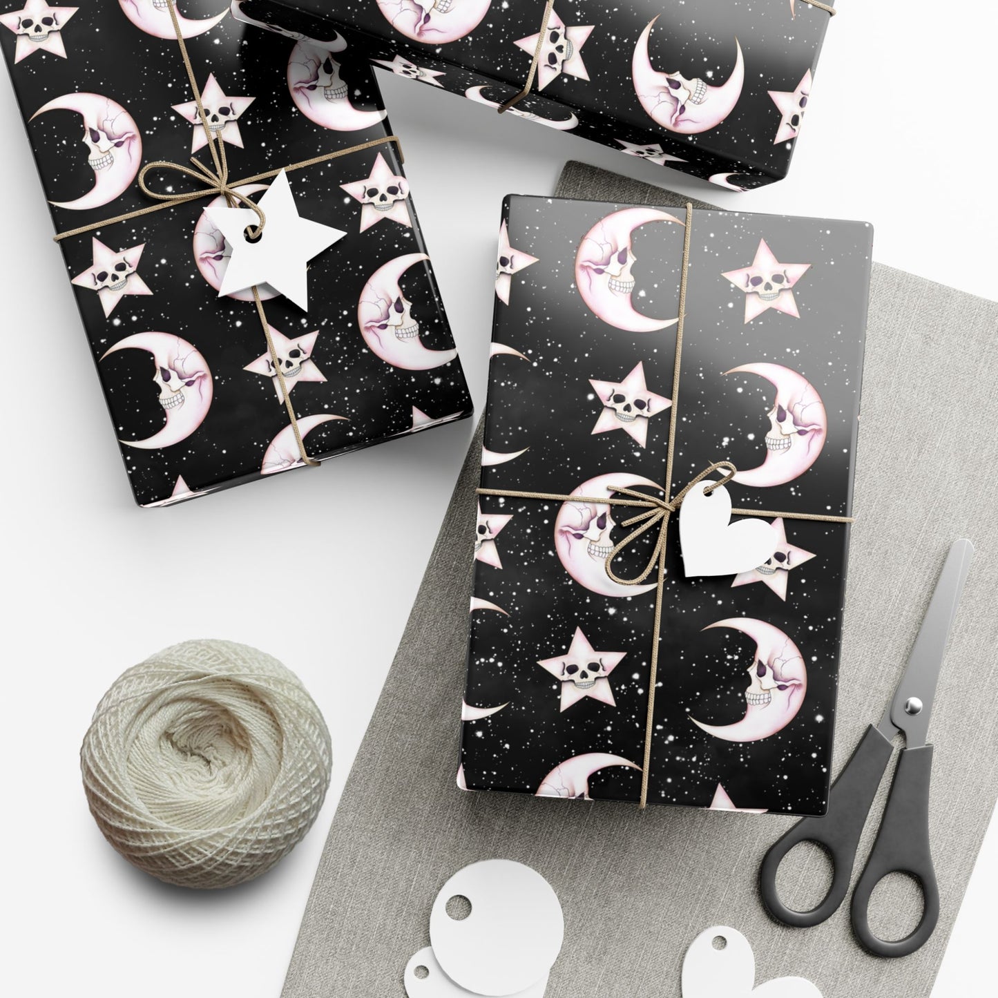 Goth Christmas Celestial Moon & Stars, Whimsical Kawaii Creepmas Black Eco-Friendly Gift Wrap