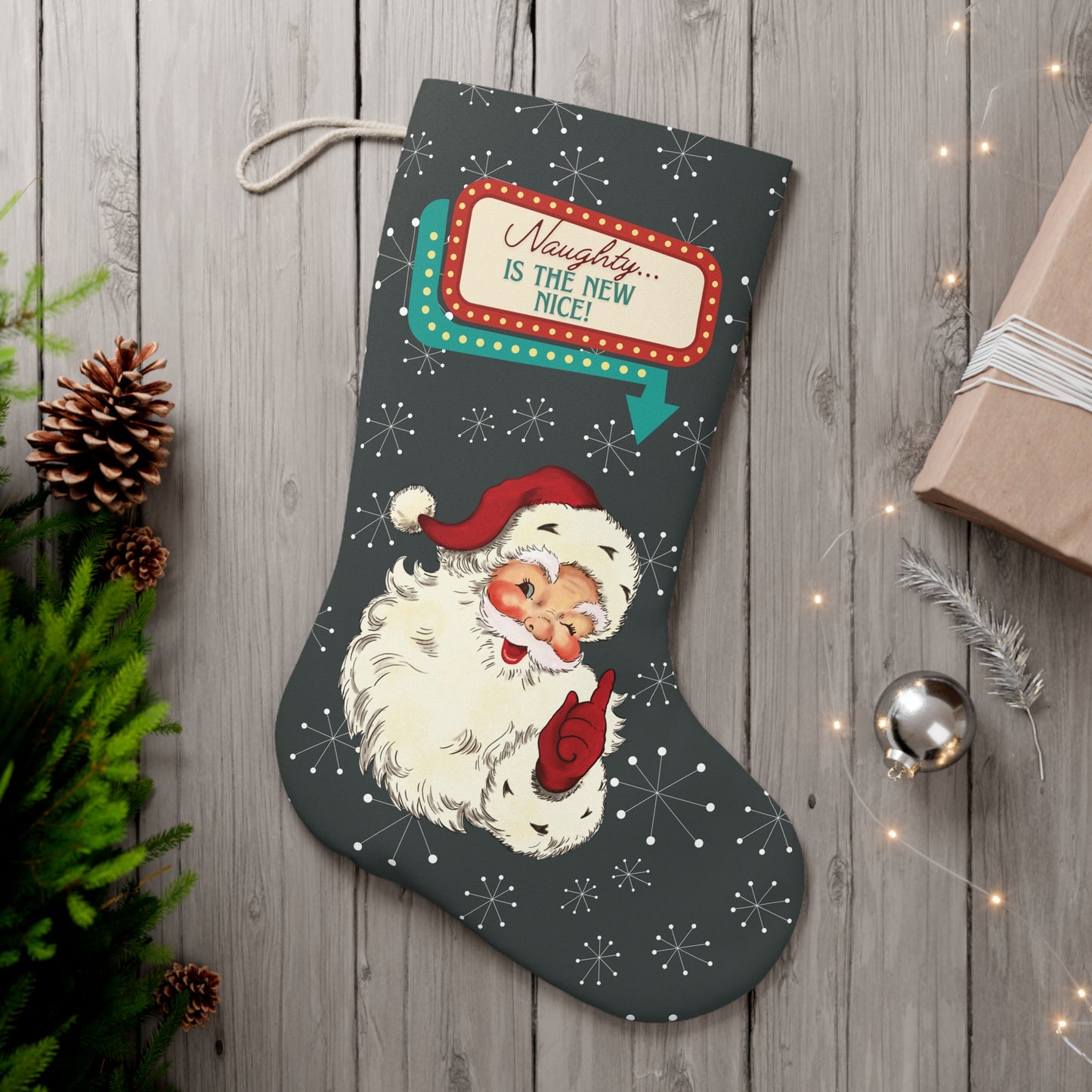 Vintage Santa Winking Cheeky Retro 50s Atomic Burst Mid Century Mod Charcoal Gray Stocking