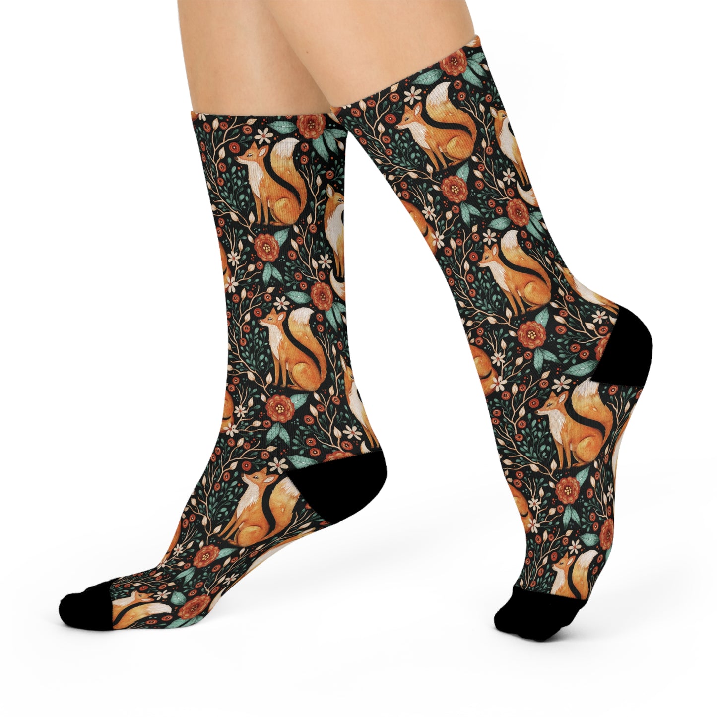 Enchanted Woodland Fox, Dark Cottagecore Black, Orange and Green Cushioned Unisex Crew Socks