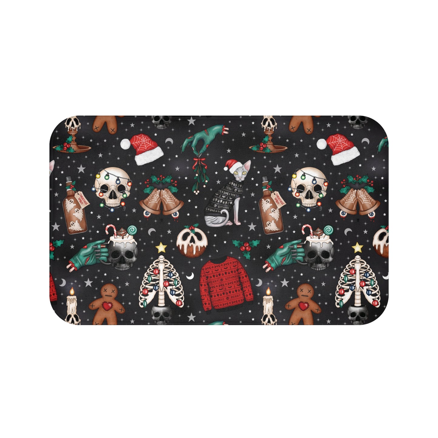 Kitschy Kawaii Goth Christmas, Creepy Cute Whimsigoth Black Creepmas Bath Mat