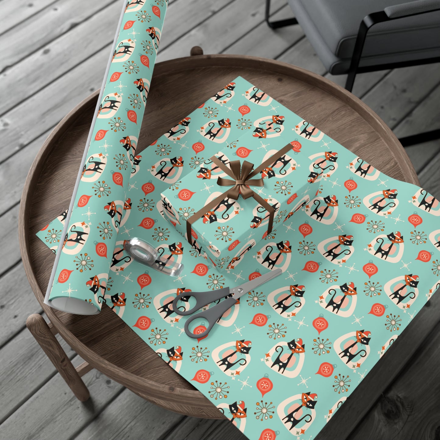 Retro 50's Atomic Cat & Starbursts Kitschy Christmas Mid Century Modern Blue Eco-Friendly Wrapping Paper