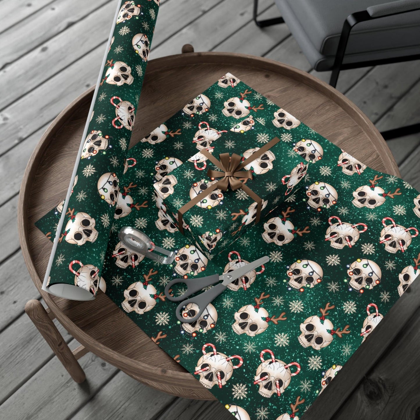 Goth Christmas Skulls Festive Green Creepmas Eco-Friendly Gift Wrap | lovevisionkarma.com