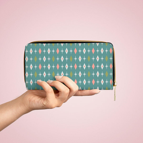 Retro Burst and Diamonds Mid Century Mod Teal and Pink Zipper Wallet