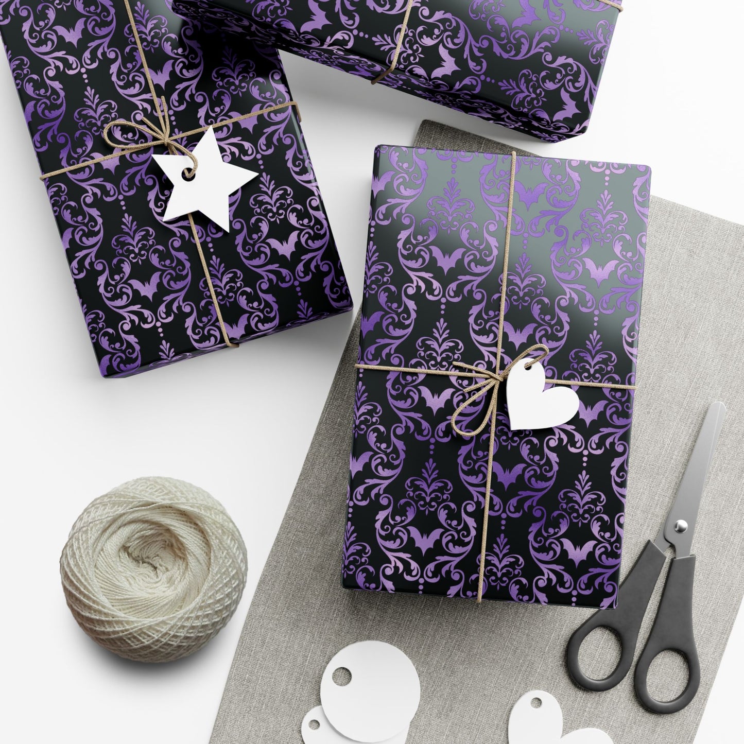Purple Damask Bats, Victorian Goth Inspired, Dark Academia Goth Christmas & Creepmas Glam Goth Black Gift Wrap Paper