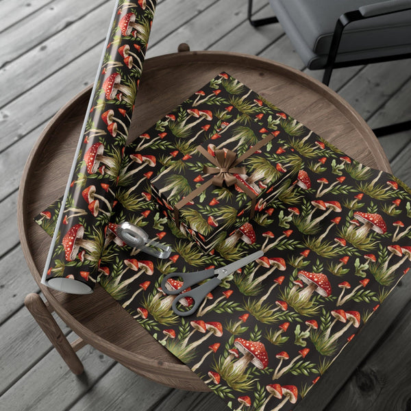 Amanita Muscaria Mushroom, Dark Cottagecore Watercolor Style Black, Red & Green Eco-Friendly Gift Wrap | lovevisionkarma.com