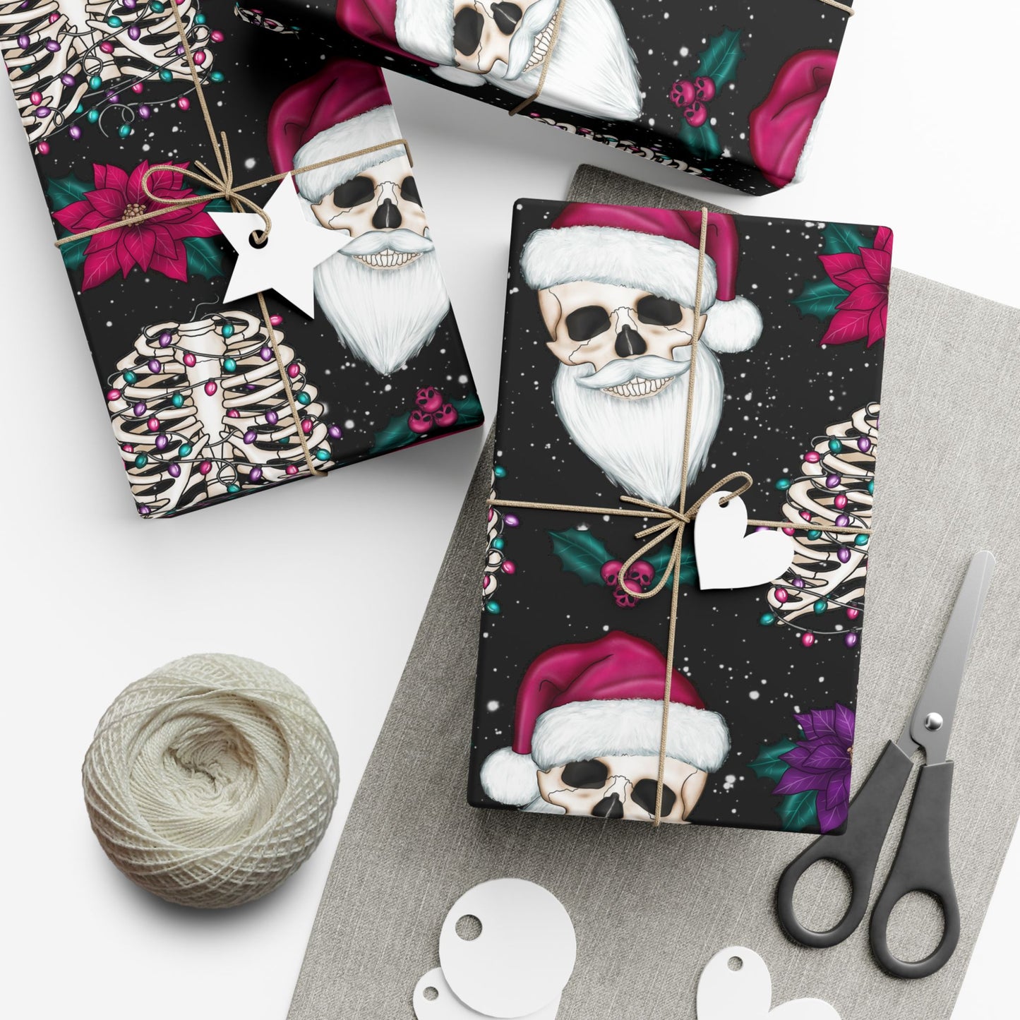 Santa Skull Goth Christmas Eco-Friendly Black Wrapping Paper, Kitschy Creepmas Whimsigoth