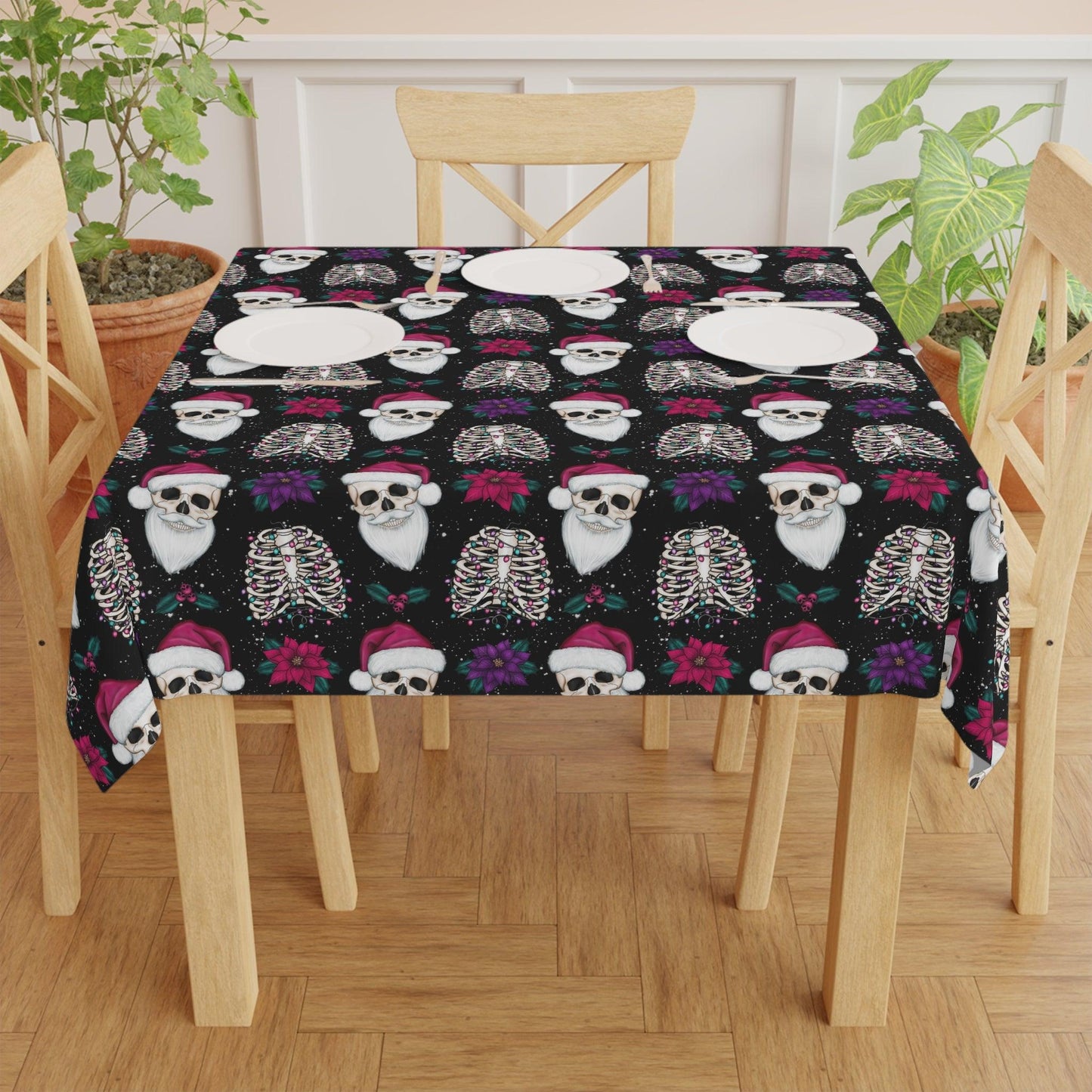 Santa Skull Goth Christmas, Kitschy Creepmas Black Whimsigoth Tablecloth | lovevisionkarma.com