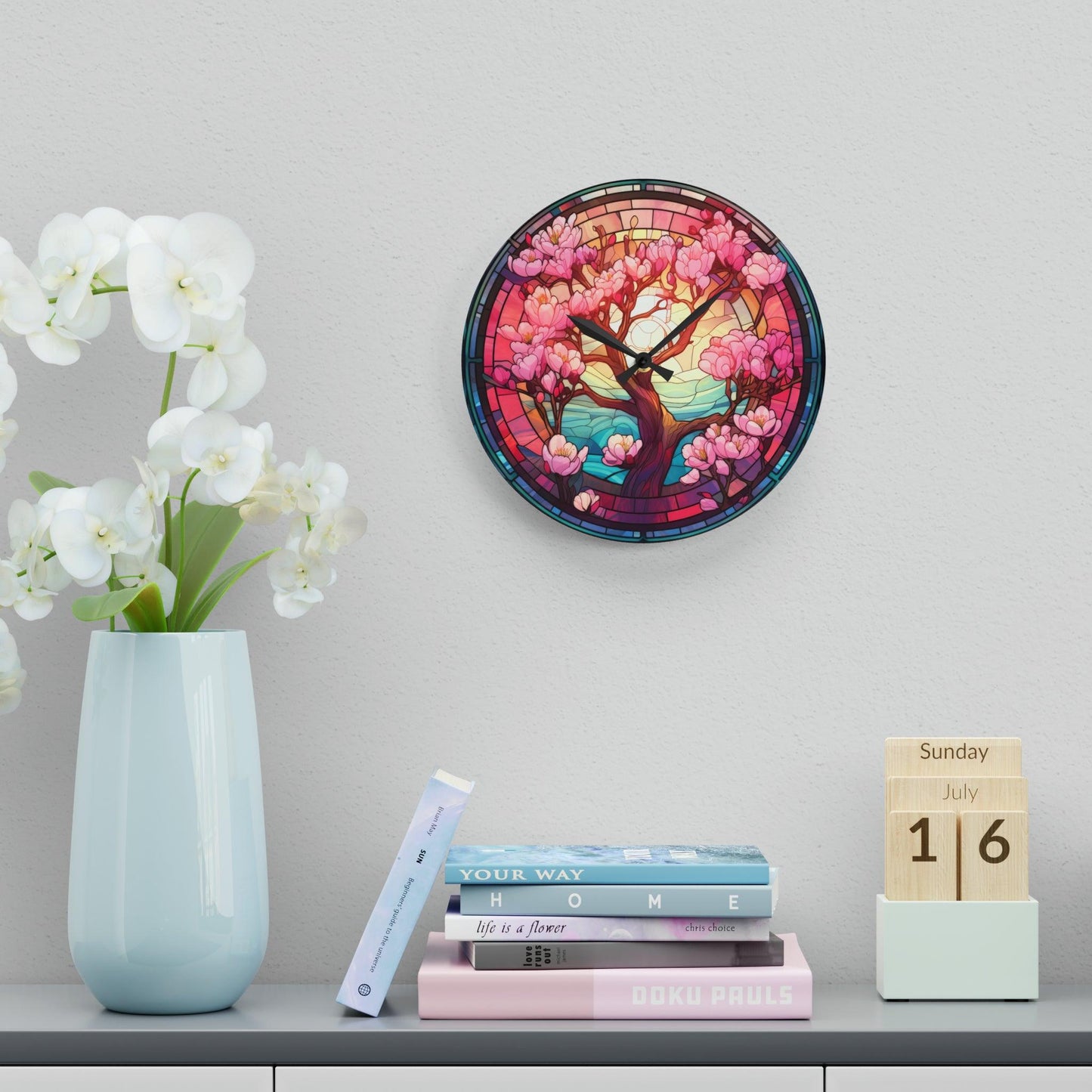 Cherry Blossom Tree, Sakura Stained Glass Inspired Multicolor Acrylic Wall Clock | lovevisionkarma.com