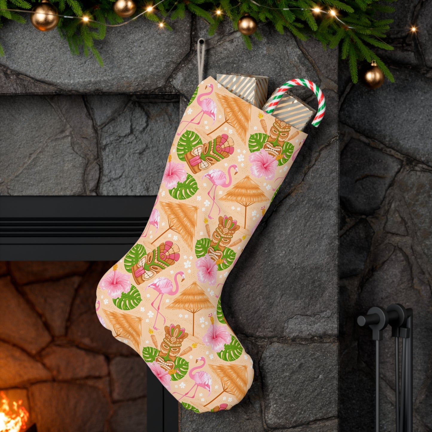 Retro Tiki 60s Flamingo Tropical Mid Century Modern Holiday Stocking