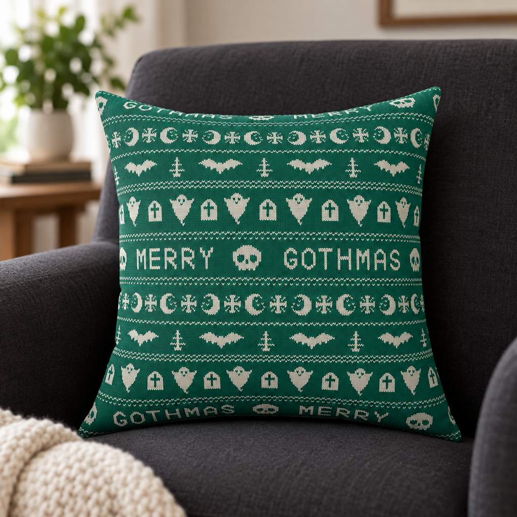 Goth Christmas Ugly Sweater Inspired, Gothmas & Kitschy Creepmas Green Throw Pillow
