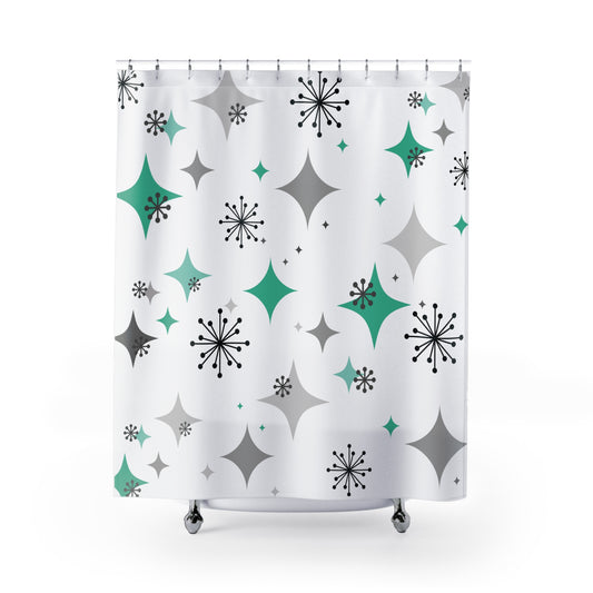 Retro Starbursts 50s Mid Century Mod Teal Green and Gray Shower Curtain