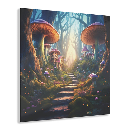 Enchanted Forest Whimsical Mushroom Cottage, Fantasy Art Colorful Acrylic Print