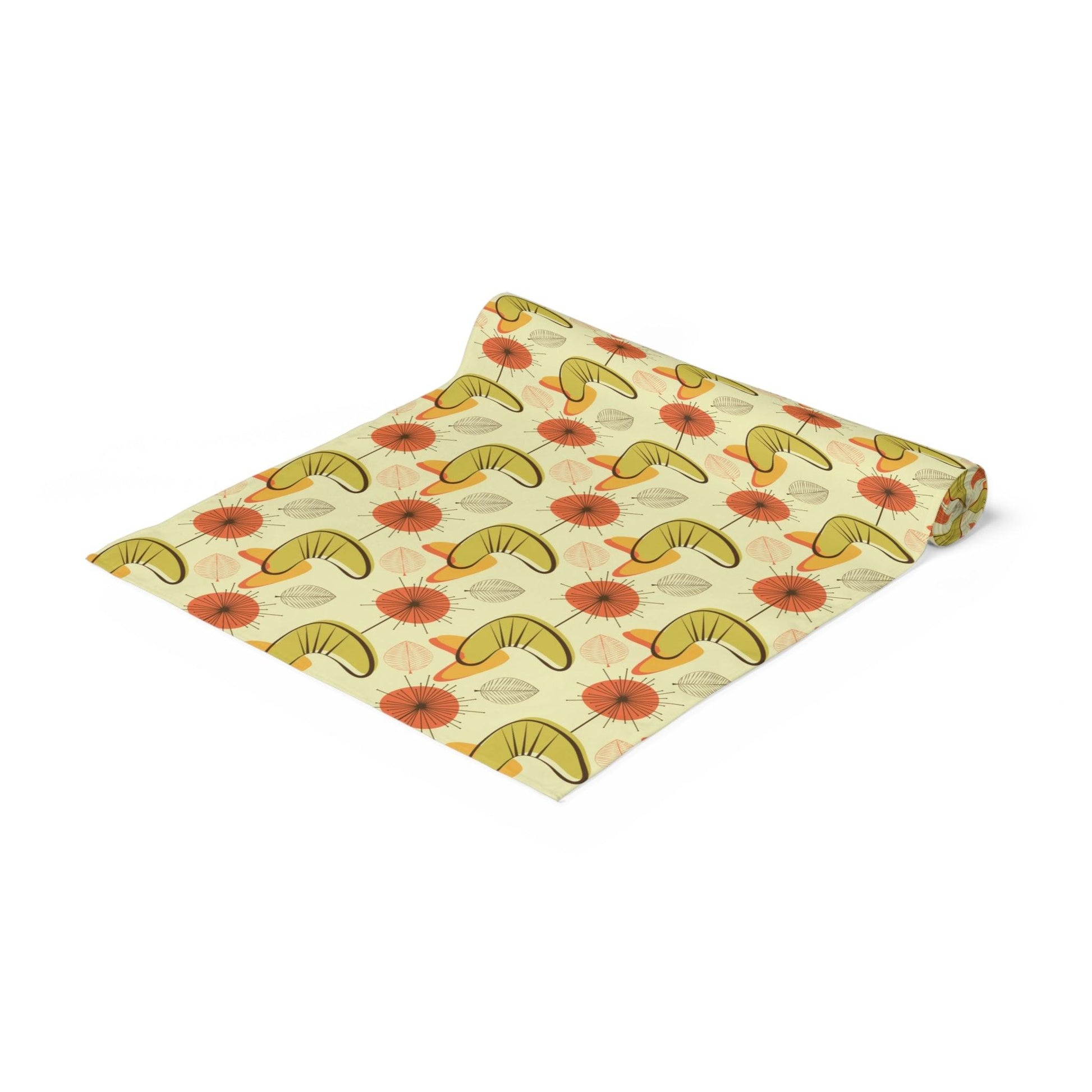 Retro Atomic Boomerangs & Leaves MCM Orange, Green & Yellow Table Runner | lovevisionkarma.com