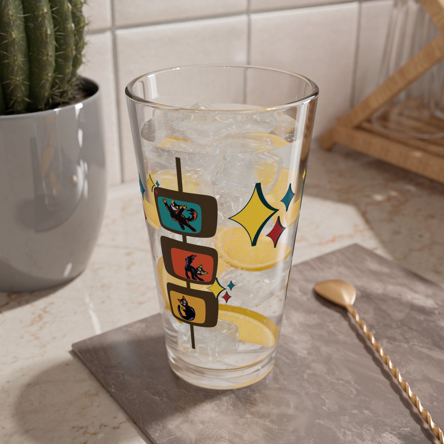 Retro 50s 60s Kitschy Atomic Cats Mid Century Modern Multicolor Pint Glass