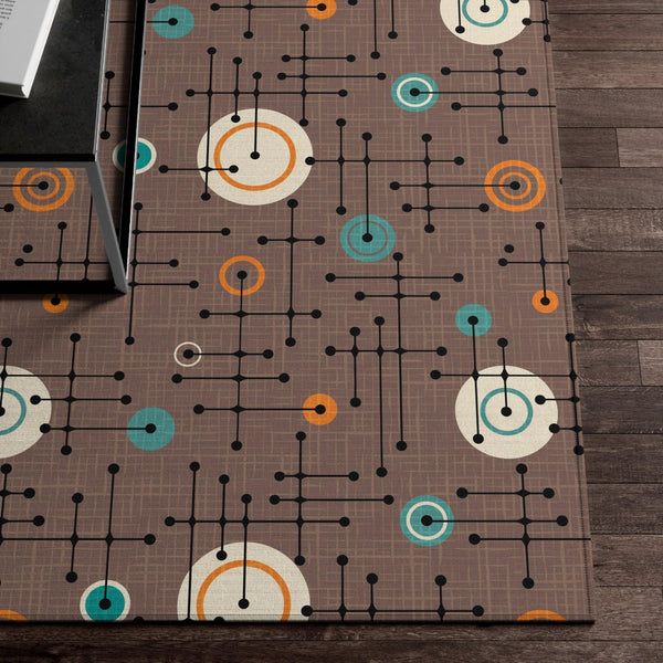 Retro Mid Century Eames Inspired Lines and Circles Brown Anti-Slip Accent Rug