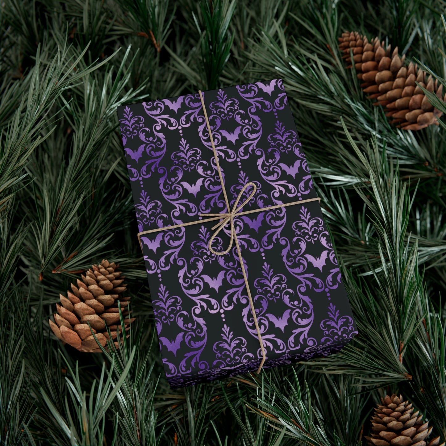 Purple Damask Bats, Victorian Goth Inspired, Dark Academia Goth Christmas & Creepmas Glam Goth Black Gift Wrap Paper