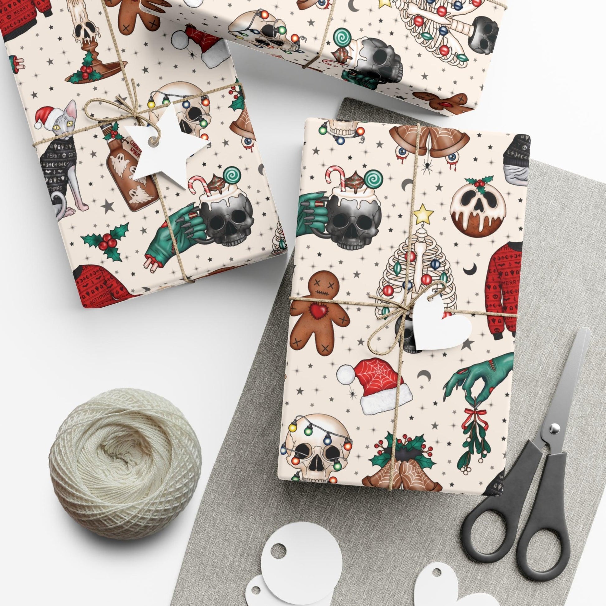 Goth Christmas Kitsch Skulls, Cats & Zombie Hands Multicolor Eco-Friendly Gift Wrap Paper | lovevisionkarma.com
