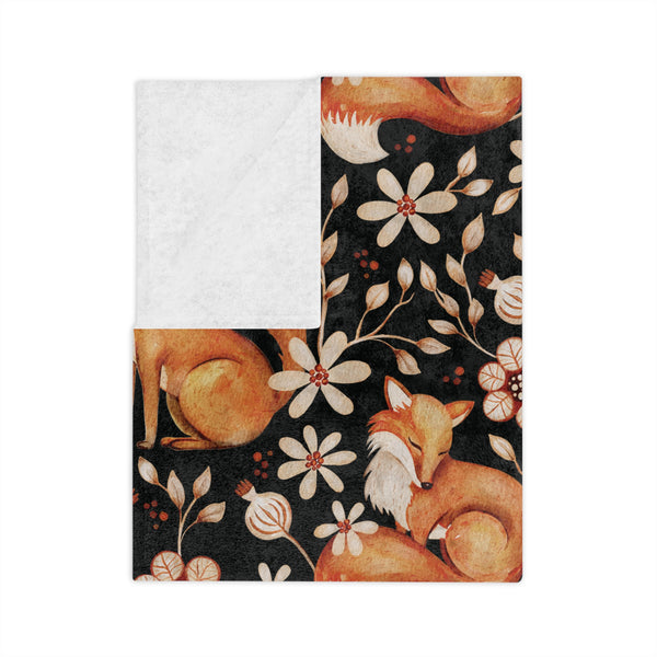 Enchanted Woodland Fox, Floral Dark Cottagecore Watercolor Style, Black Yule Christmas Velveteen Minky Blanket