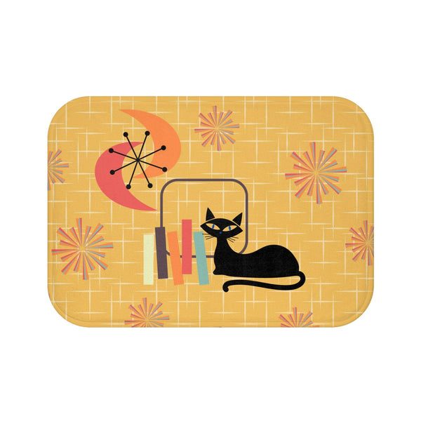 Retro Atomic Cat and Starbursts Mid Century Modern Yellow Bath Mat | lovevisionkarma.com