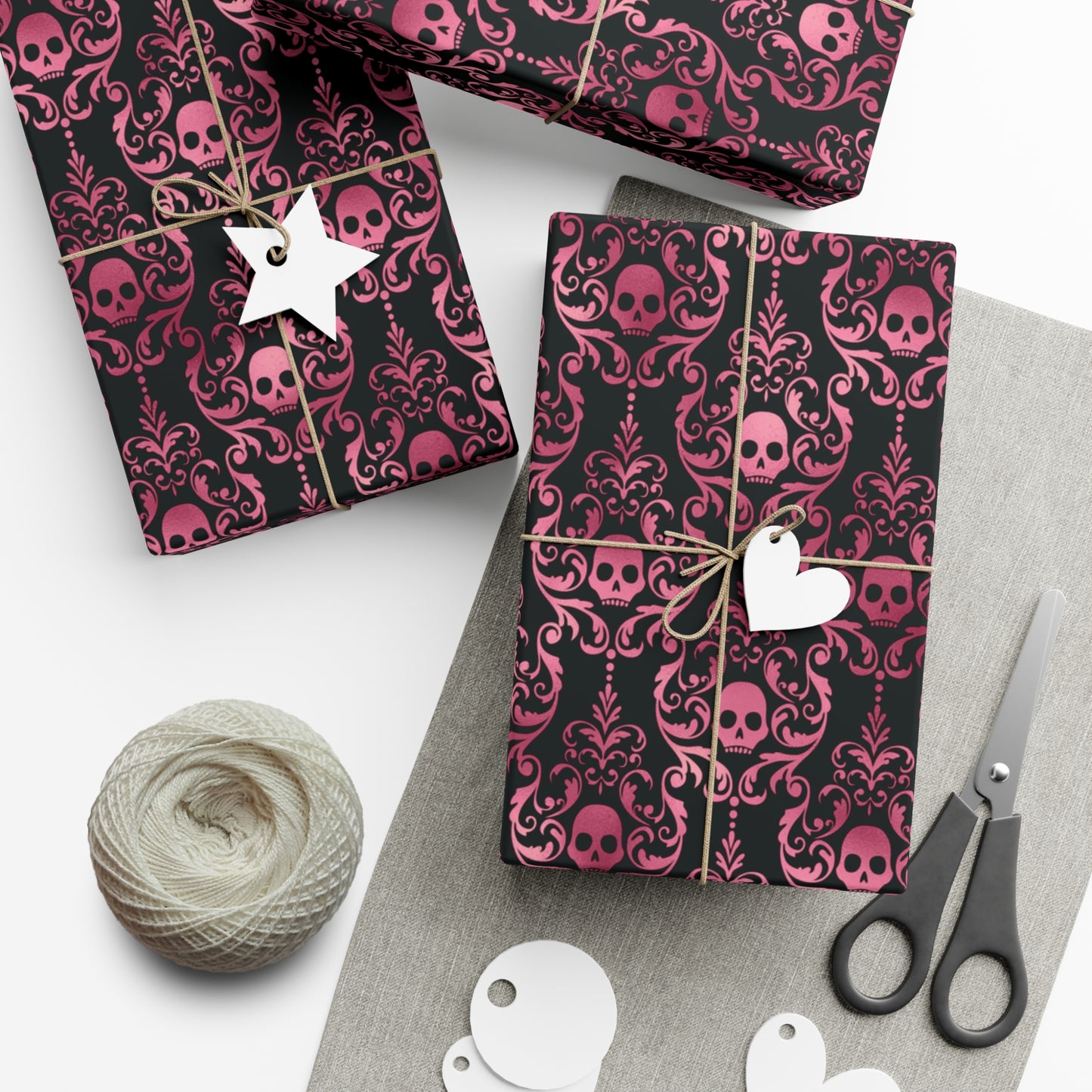 Pink Damask Skulls, Victorian Goth, Dark Academia, Goth Christmas & Creepmas Glam Black Eco-Friendly Gift Wrap Paper