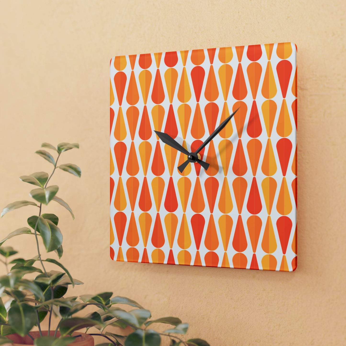 Retro 60s 70s Mid Century Modern Geometric Orange and Yellow Acrylic Wall Clock