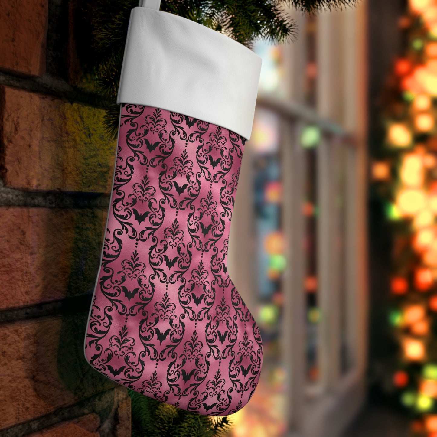 Goth Christmas Black Bats Victorian Damask Glam Pink Holiday Stocking