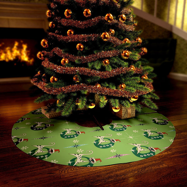 Retro Atomic Christmas Cats and Starbursts Festive Green 1950s Christmas Tree Skirt | lovevisionkarma.com
