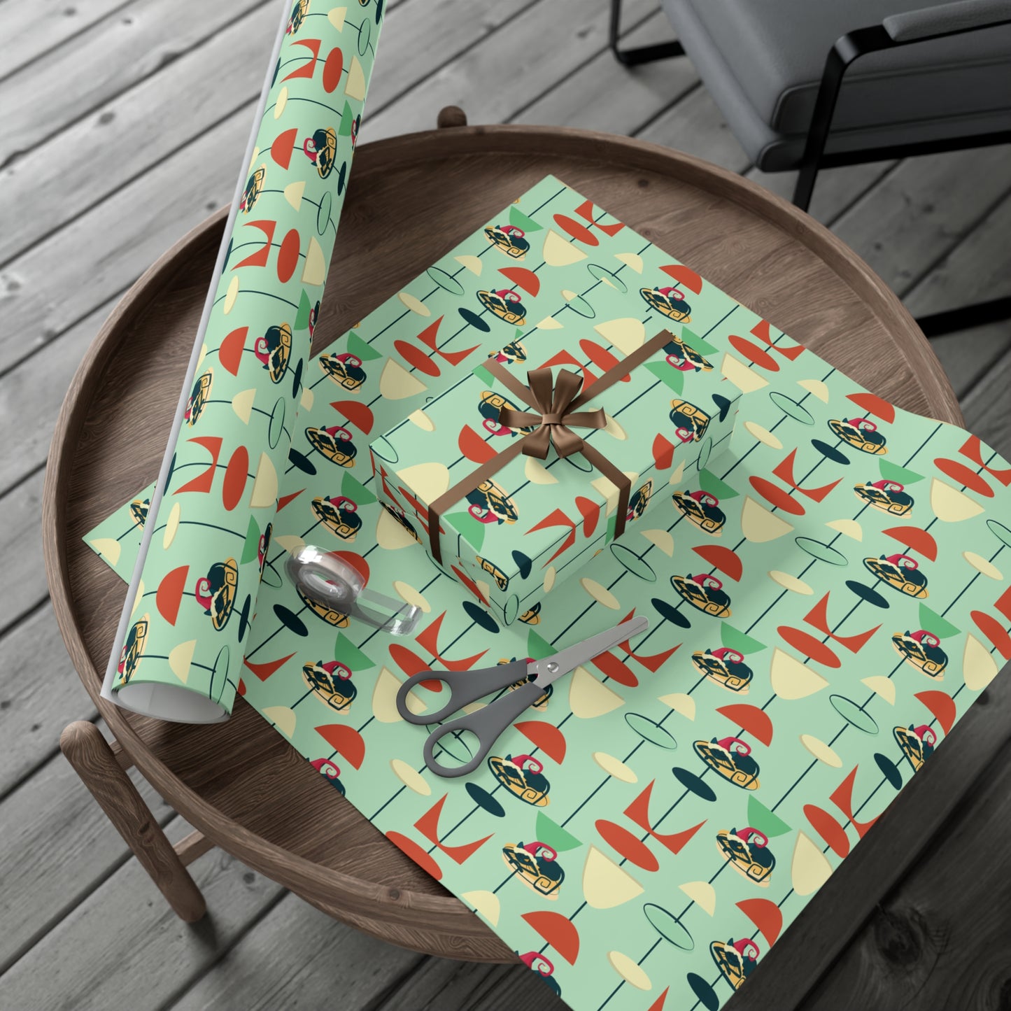 Retro 50's Atomic Cat Christmas Kitschy Mid Century Modern Green Eco-Friendly Wrapping Paper