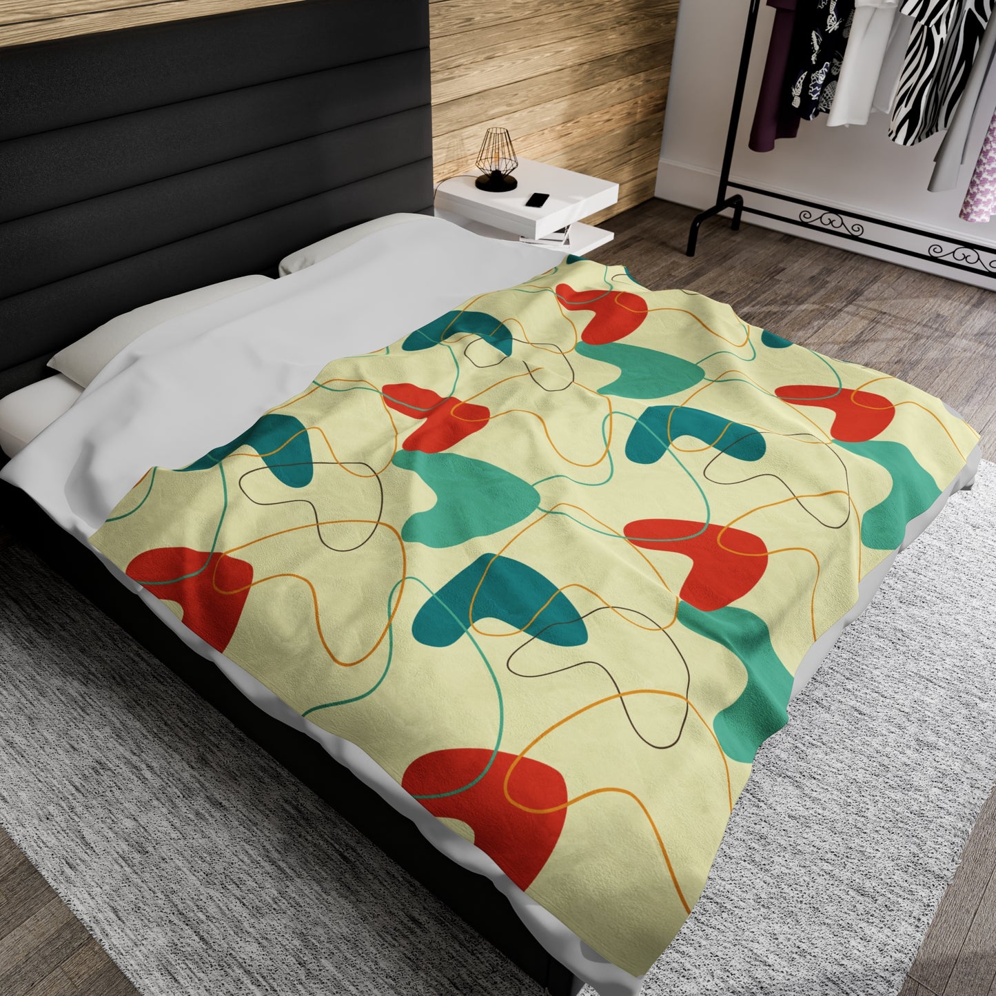 Retro 50's Atomic Boomerang Mid Century Mod Multicolor Velveteen Lightweight Blanket