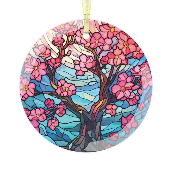 Japanese Sakura Cherry Blossom Tree, Stained Glass Inspired Colorful Glass Ornament | lovevisionkarma.com