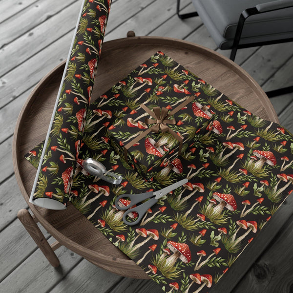 Amanita Muscaria Mushroom, Dark Cottagecore Watercolor Style Black, Red & Green Eco-Friendly Gift Wrap | lovevisionkarma.com