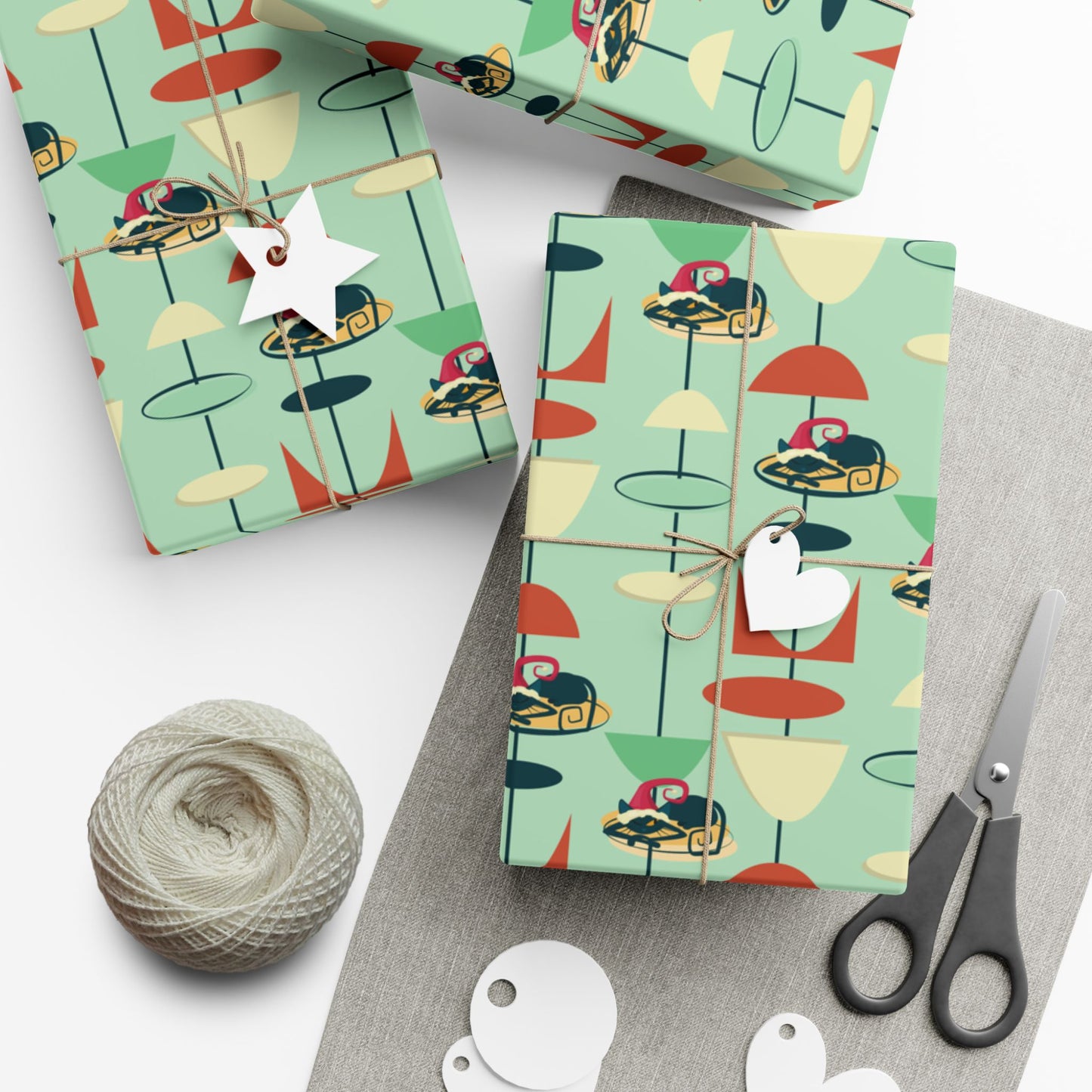 Retro 50's Atomic Cat Christmas Kitschy Mid Century Modern Green Eco-Friendly Wrapping Paper