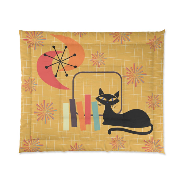 Atomic Cat Mid Century Mod Starburst Retro Yellow Comforter