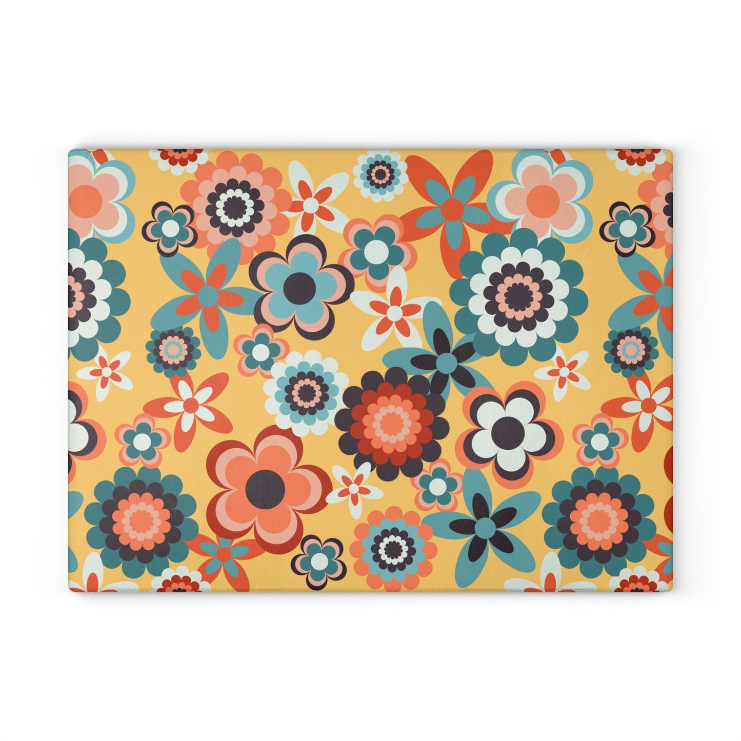 Retro 60s 70s Groovy Flowers Boho MCM Yellow, Coral & Blue Glass Cutting Board
