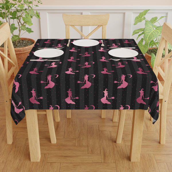 Flying Witch Silhouette Glam Goth Halloween Pink and Black Tablecloth