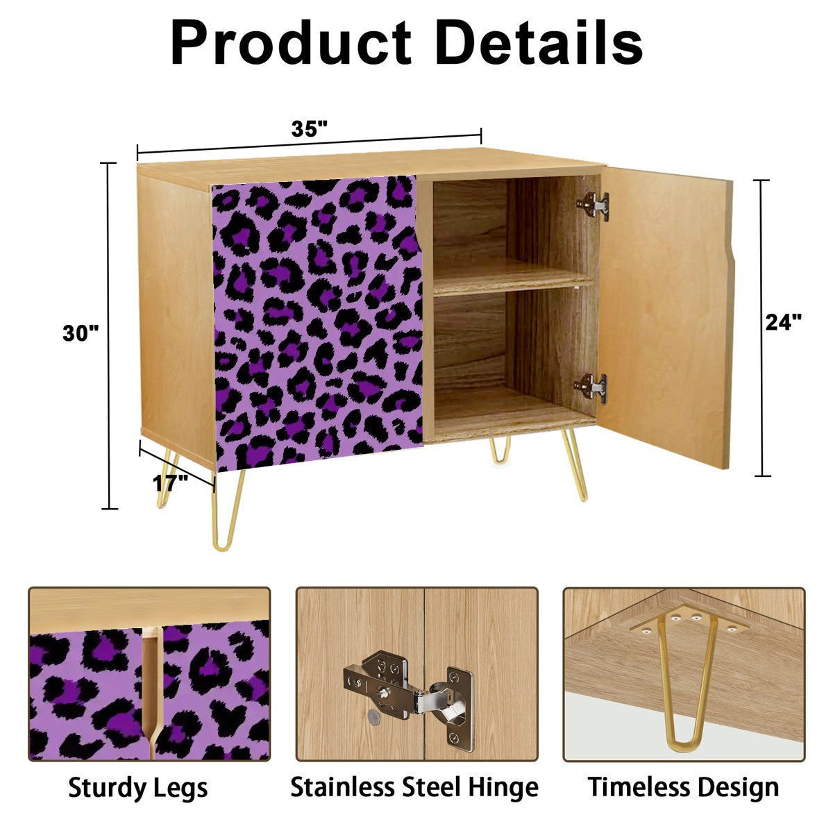 Purple Leopard Spots Cheetah Animal Print MCM Sideboard, Credenza, Wooden Storage Cabinet