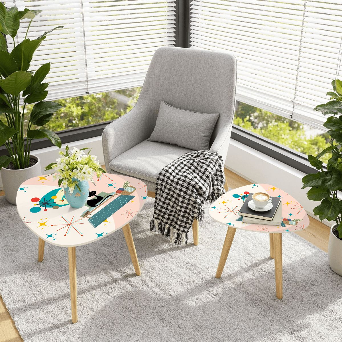 Retro 50's Lounging Atomic Black Cat & Starbursts Mid Century Mod Multicolor Nesting Accent Tables