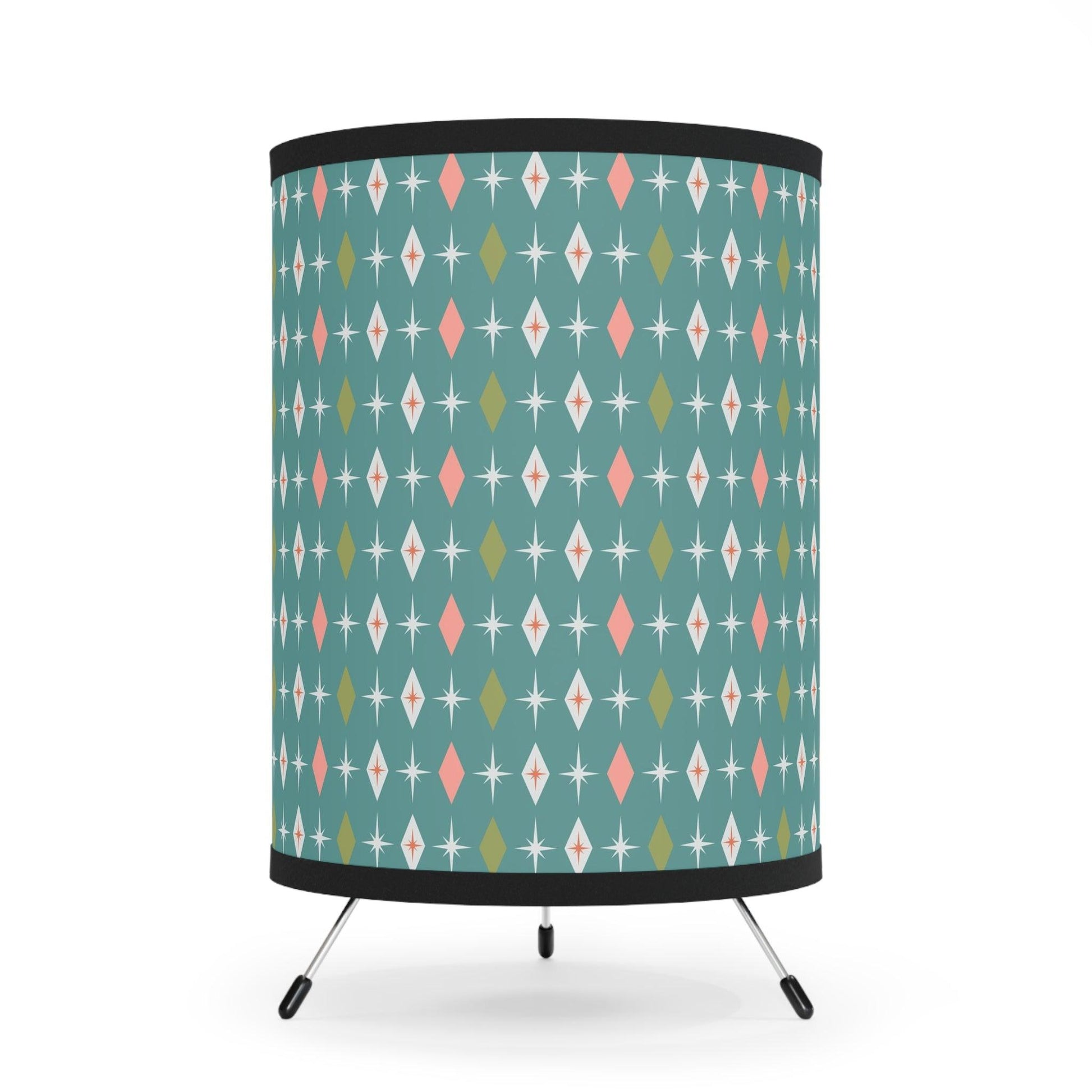 Retro 50s Atomic Burst and Diamonds Teal and Pink Tabletop Tripod Lamp | lovevisionkarma.com