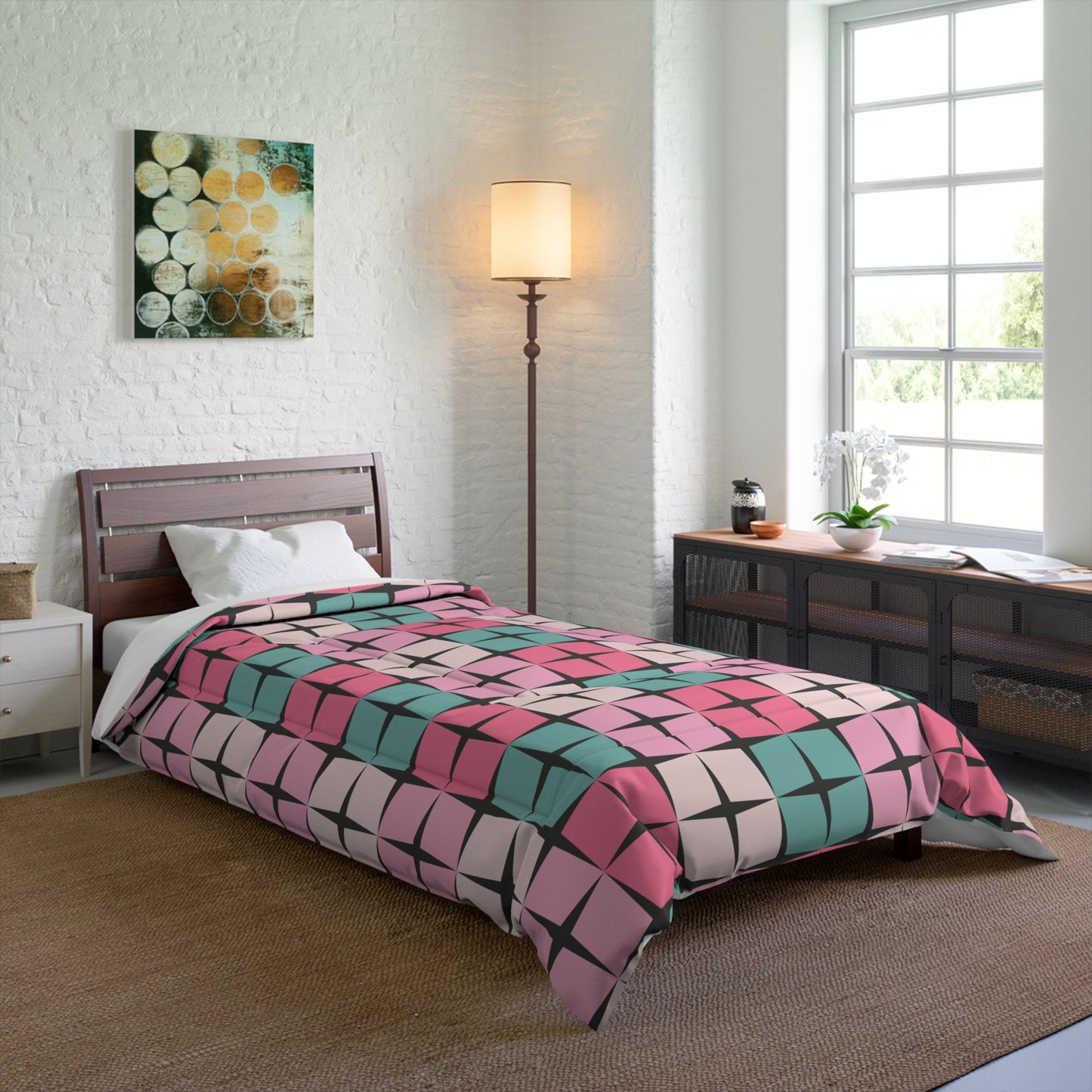 Palm Springs Bedding Retro Inspired 50s 60s Atomic Star Mid Century Mod Pink & Turquoise Blue Comforter