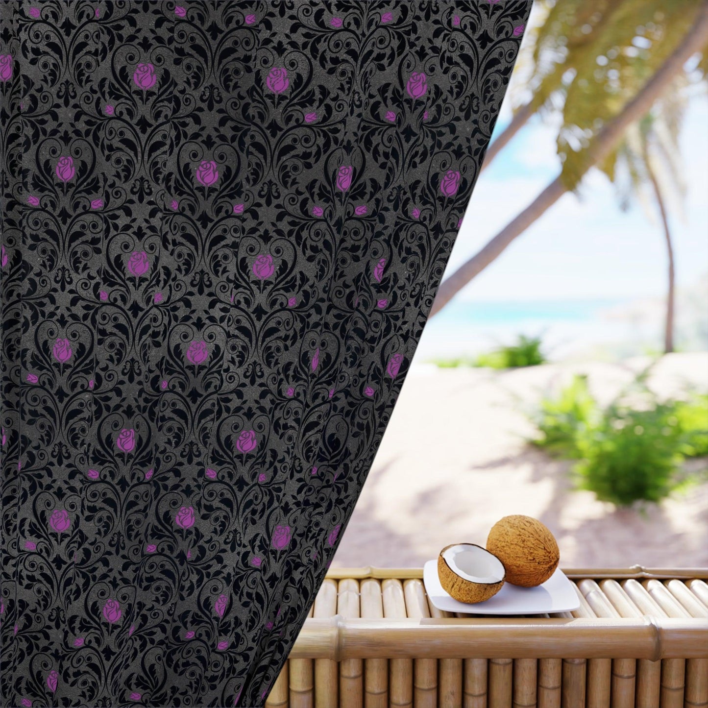 Victorian Goth Damask Purple and Black, Dark Academia Window Curtain | lovevisionkarma.com